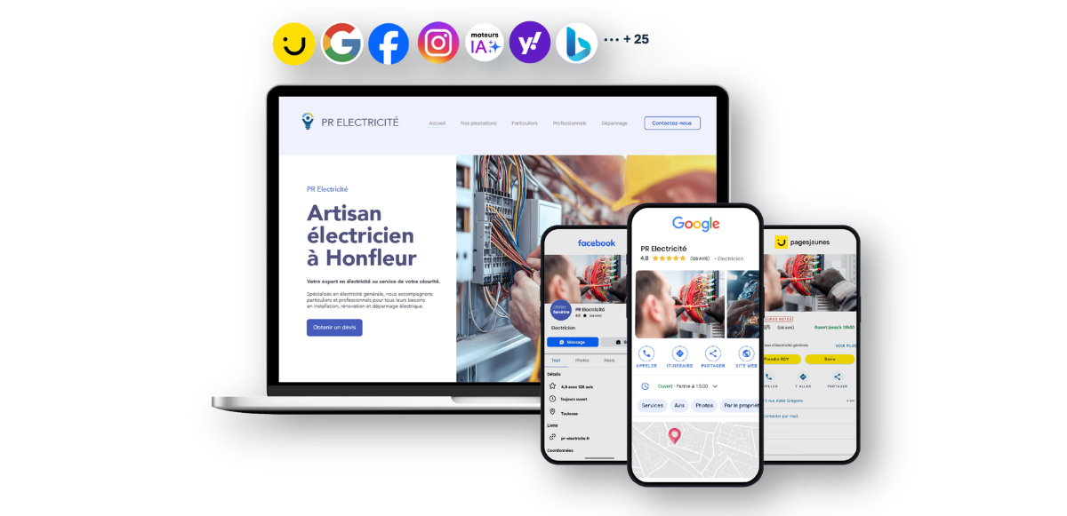 Notre solution complète offre à votre site une visibilité digitale complète via plus de 25 de nos partenaires, tels que PagesJaunes, Google, Facebook, Instagram, les moteurs IA, Yahoo! et Bing.