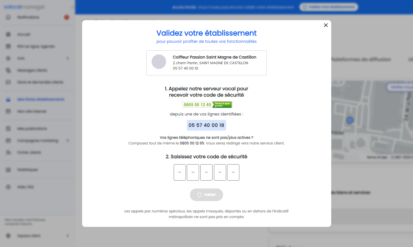 validation etablissement depuis Solocal Manager