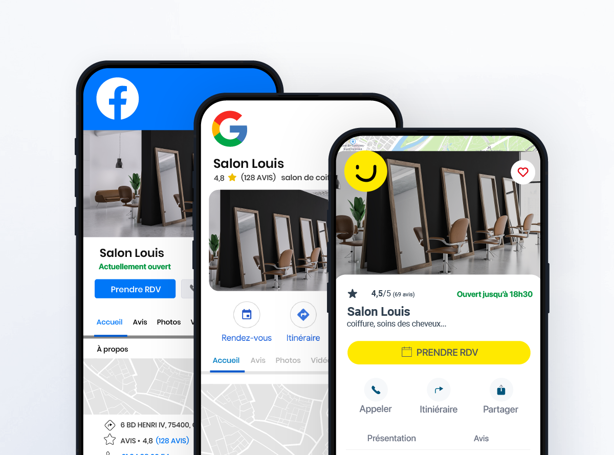 parcours de prise de RDV sur PagesJaunes, Facebook et Google